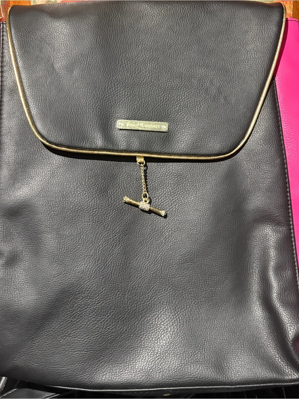 Juicy Couture Black and Hot Pink Faux Leather Backpack with Gold Hardware